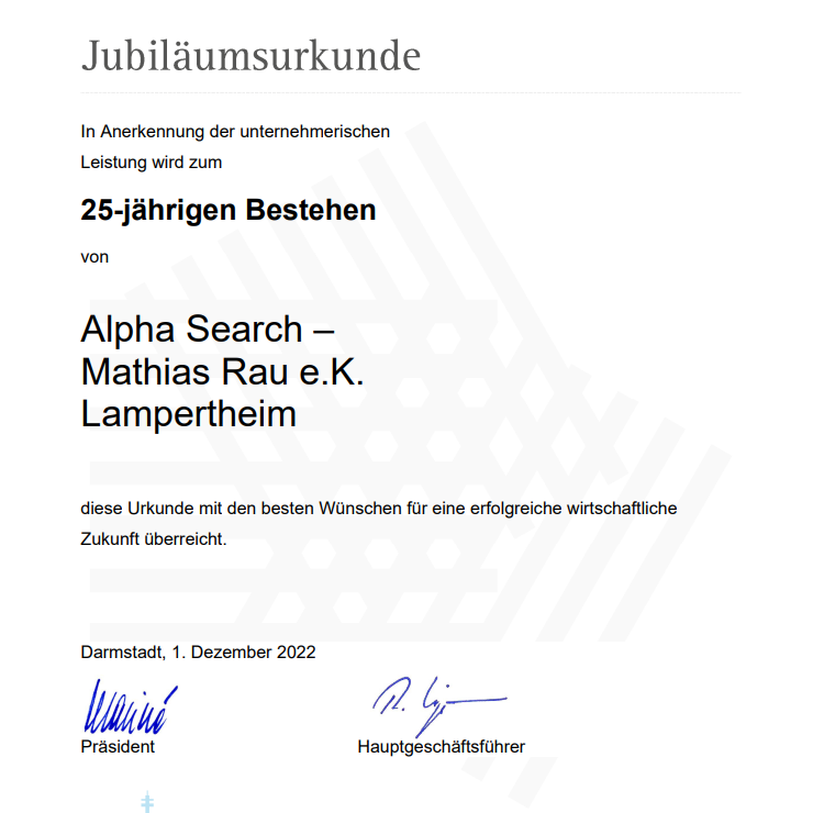 Jubiläumsurkunde von der IHK zum 25-jährigen Bestehen